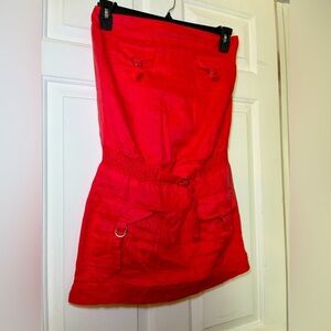 Nikibiki Womans Strapless Mini Dress 100% Linen Coral Size Small Stretch Pockets